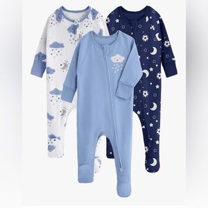 Baby Blue & Navy Cloud and Moon 3-Pack Footed One-Pieces